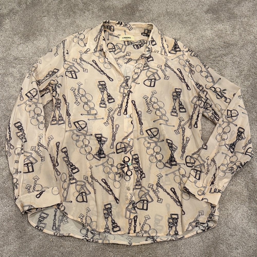 L’Agence Beige Graphic silk Button-Up Shirt
